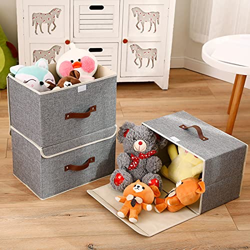 E-MANIS Storage Bins with Lids set of 3 Foldable Storage Boxes with Lids Storage Baskets Storage Containers Organizers with for Toys,Clothes and Books (Grey)