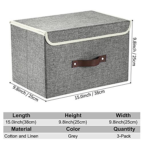 E-MANIS Storage Bins with Lids set of 3 Foldable Storage Boxes with Lids Storage Baskets Storage Containers Organizers with for Toys,Clothes and Books (Grey)