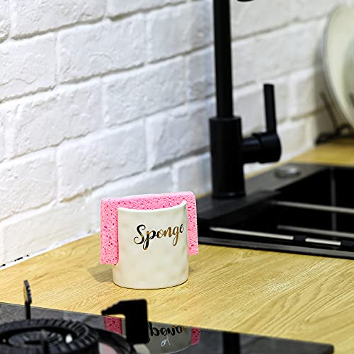 Sponge Holder for Kitchen Sink Ceramic Sponge Holder Kitchen Ceramic Farmhouse Kitchen Counter Sink Organizer Accessories with 3 Pieces Pink Sponge