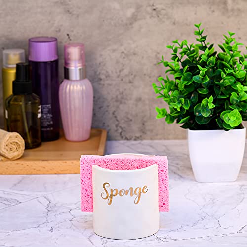 Sponge Holder for Kitchen Sink Ceramic Sponge Holder Kitchen Ceramic Farmhouse Kitchen Counter Sink Organizer Accessories with 3 Pieces Pink Sponge