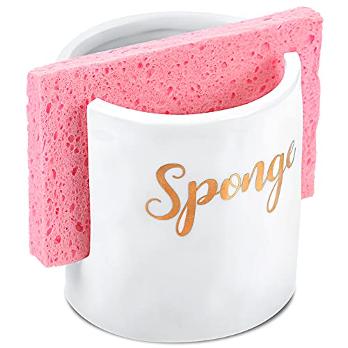 Sponge Holder for Kitchen Sink Ceramic Sponge Holder Kitchen Ceramic Farmhouse Kitchen Counter Sink Organizer Accessories with 3 Pieces Pink Sponge