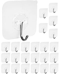 tlbx adhesive wall hooks 22lb(10 kg max) reusable seamless hooks, waterproof and oilproof, bathroom kitchen heavy duty clear hooks transparent sticky wall hanger 24 pack