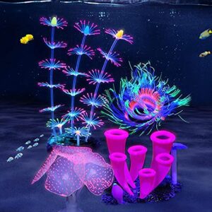 ztohpyo 4 pieces silicone glow fish tank decorations plants with simulation silicone coral, artificial horn coral,fluorescence sea anemone for aquarium fish tank glow ornament