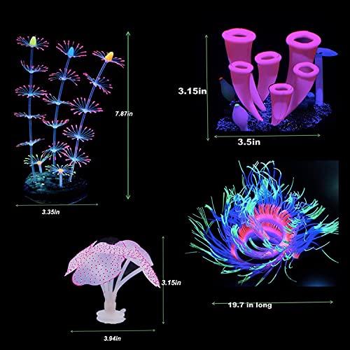 ZtohPyo 4 Pieces Silicone Glow Fish Tank Decorations Plants with Simulation Silicone Coral, Artificial Horn Coral,Fluorescence Sea Anemone for Aquarium Fish Tank Glow Ornament