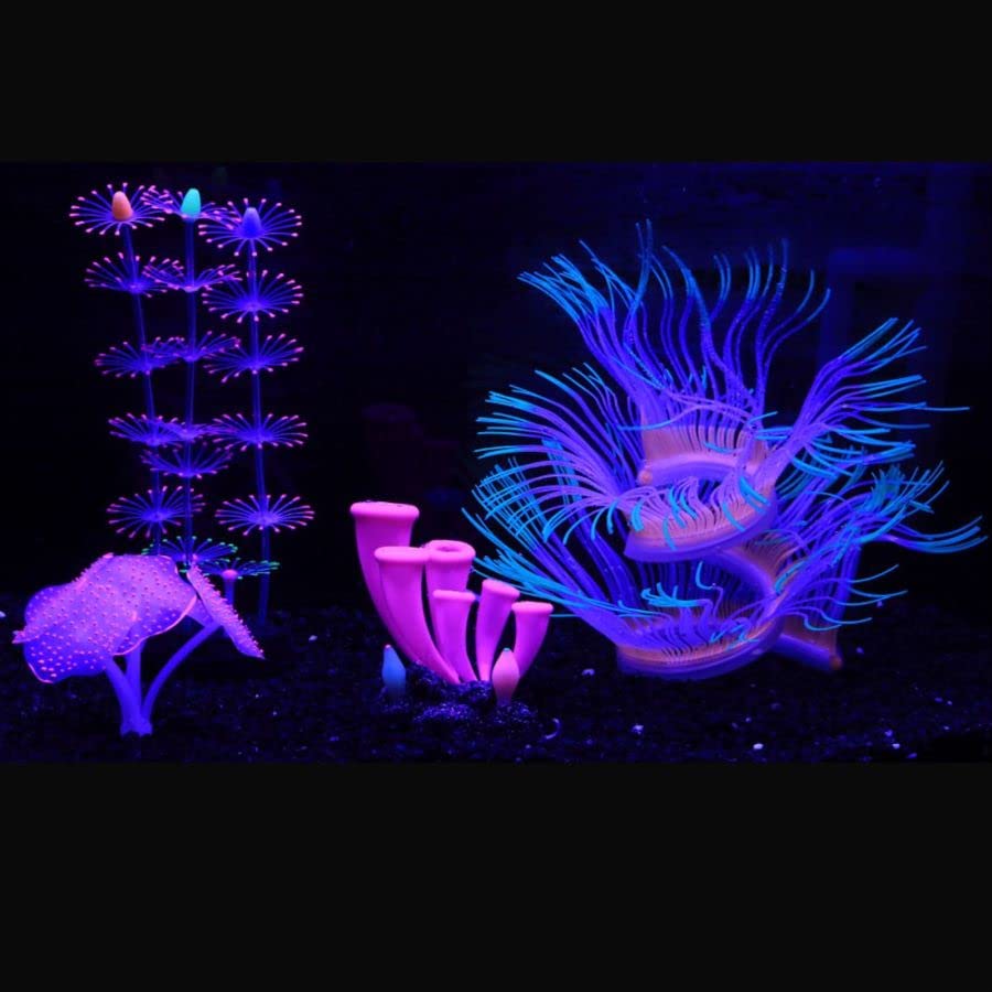 ZtohPyo 4 Pieces Silicone Glow Fish Tank Decorations Plants with Simulation Silicone Coral, Artificial Horn Coral,Fluorescence Sea Anemone for Aquarium Fish Tank Glow Ornament