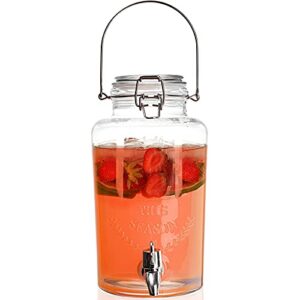 deayou glass beverage dispenser with spigot, cold drink ice tea dispenser with trigger clamp locking lid, glass mason jar lemonade liquid pitcher with spout for party, fridge, juice, beer, 0.8 gallon