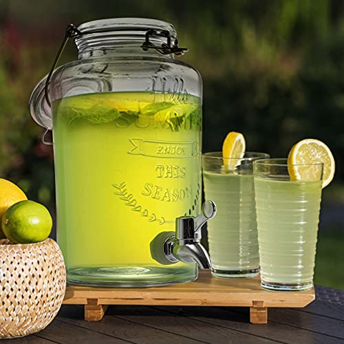 DEAYOU Glass Beverage Dispenser with Spigot, Cold Drink Ice Tea Dispenser with Trigger Clamp Locking Lid, Glass Mason Jar Lemonade Liquid Pitcher with Spout for Party, Fridge, Juice, Beer, 0.8 Gallon