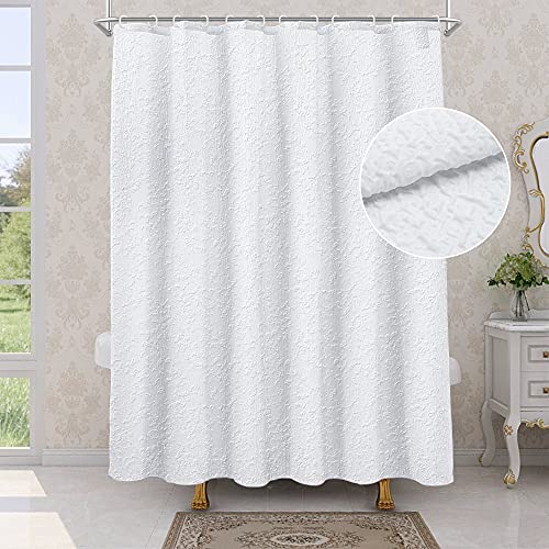 SUMGAR White Shower Curtain Farmhouse Modern Fabric Cloth Bathroom Curtains Set with Hooks 3D Embossed Textured Polyester Ruffle Like Decorative Washable Waterproof Summer Luxury Bath Curtain 72"x72"