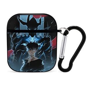 manhwa solo leveling airpods case cover with keychain for airpods 2&1, novelty anime printing shockproof case compatiable with wireless charging