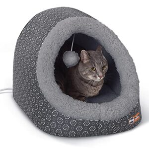 k&h pet products thermo-pet cave heated cat bed - gray/geo flower 17 x 15 x 13 inches