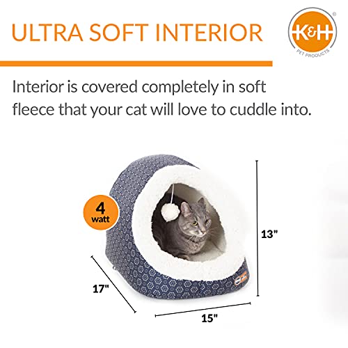 K&H PET PRODUCTS Thermo-Pet Cave Heated Cat Bed - Gray/Geo Flower 17 X 15 X 13 Inches