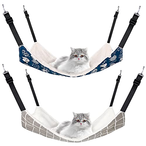 2 Pieces Reversible Cat Hanging Hammock Soft Breathable Pet Cage Hammock with Adjustable Straps and Metal Hooks Double-Sided Hanging Bed for Cats Small Dogs Rabbits, Medium