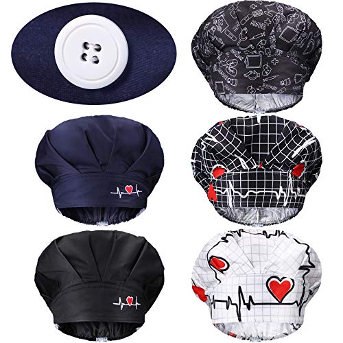 Geyoga 5 Pieces Bouffant Caps with Button and Sweatband, Adjustable Working Hats Nurse Caps for Women Men, 5 Styles(Heart Pattern)