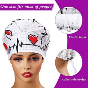 Geyoga 5 Pieces Bouffant Caps with Button and Sweatband, Adjustable Working Hats Nurse Caps for Women Men, 5 Styles(Heart Pattern)