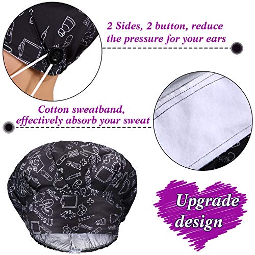 Geyoga 5 Pieces Bouffant Caps with Button and Sweatband, Adjustable Working Hats Nurse Caps for Women Men, 5 Styles(Heart Pattern)
