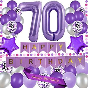 yujiaonly 70th birthday party decorations purple happy birthday paper banner purple 40inch number 70 happy birthday sash latex and confetti balloons perfect for 70 years old party supplies balloons number 70 purple