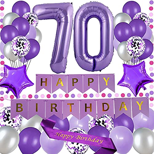 yujiaonly 70th Birthday Party Decorations Purple Happy Birthday Paper Banner Purple 40inch Number 70 Happy birthday Sash Latex and Confetti Balloons Perfect for 70 Years Old Party Supplies Balloons Number 70 Purple