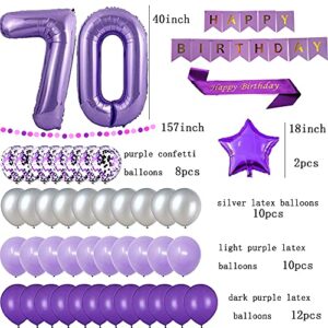 yujiaonly 70th Birthday Party Decorations Purple Happy Birthday Paper Banner Purple 40inch Number 70 Happy birthday Sash Latex and Confetti Balloons Perfect for 70 Years Old Party Supplies Balloons Number 70 Purple