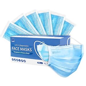 3-PLY BlueEagle Individually Wrapped Disposable Adult Face Masks | Fit for Large Face | with Soft Comfortable Inner Layer | For Men and Women | Blue Color - 50 Pcs (Sky Blue)