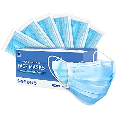 3-PLY BlueEagle Individually Wrapped Disposable Adult Face Masks | Fit for Large Face | with Soft Comfortable Inner Layer | For Men and Women | Blue Color - 50 Pcs (Sky Blue)