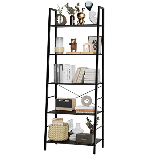 Gadroad 5-Tier Ladder Shelf, Free Standing Display Bookcase with Metal Frame, Ladder Shelves Plant Shelf for Living Room/Office/Balcony/Bathroom/Bedroom, Grey