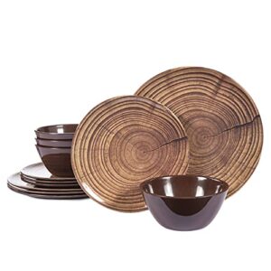 zlruyao melamine dinnerware set -12 pcs unbreakable wood dishes set for 4, indoor outdoor use, lightweight, dishwasher safe, brown (wood grain)