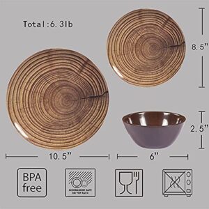 ZLruyao Melamine Dinnerware Set -12 Pcs Unbreakable Wood Dishes Set for 4, Indoor Outdoor Use, Lightweight, Dishwasher Safe, Brown (wood grain)