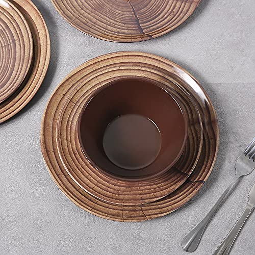 ZLruyao Melamine Dinnerware Set -12 Pcs Unbreakable Wood Dishes Set for 4, Indoor Outdoor Use, Lightweight, Dishwasher Safe, Brown (wood grain)