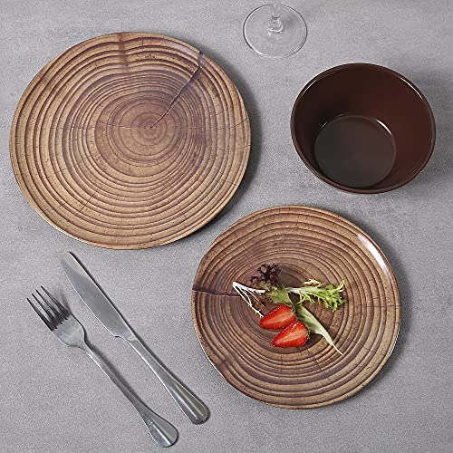 ZLruyao Melamine Dinnerware Set -12 Pcs Unbreakable Wood Dishes Set for 4, Indoor Outdoor Use, Lightweight, Dishwasher Safe, Brown (wood grain)