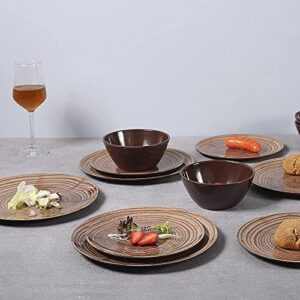 ZLruyao Melamine Dinnerware Set -12 Pcs Unbreakable Wood Dishes Set for 4, Indoor Outdoor Use, Lightweight, Dishwasher Safe, Brown (wood grain)