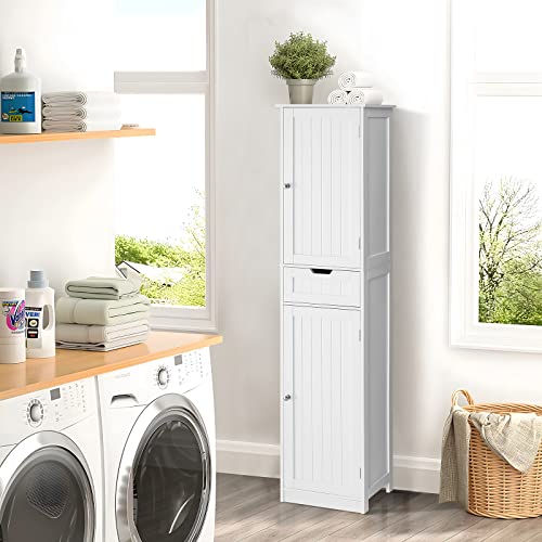 Iwell Tall Linen Tower Cabinet, Freestanding Bathroom Cabinet with 2 Doors 6 Tier Shelves & Drawer, Narrow Floor Storage Cabinet for Living Room, White