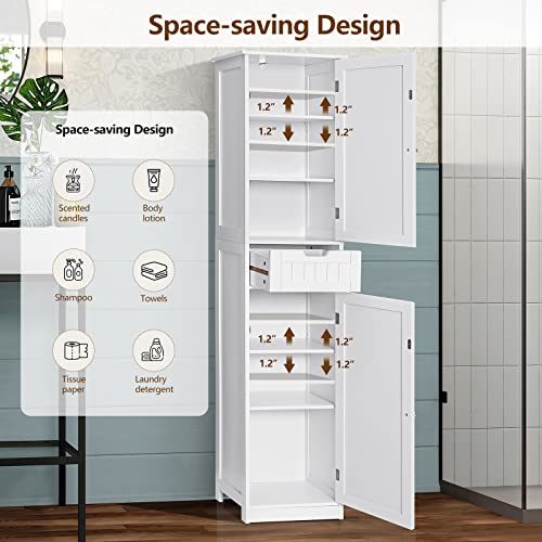 Iwell Tall Linen Tower Cabinet, Freestanding Bathroom Cabinet with 2 Doors 6 Tier Shelves & Drawer, Narrow Floor Storage Cabinet for Living Room, White