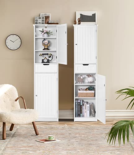 Iwell Tall Linen Tower Cabinet, Freestanding Bathroom Cabinet with 2 Doors 6 Tier Shelves & Drawer, Narrow Floor Storage Cabinet for Living Room, White