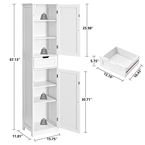 Iwell Tall Linen Tower Cabinet, Freestanding Bathroom Cabinet with 2 Doors 6 Tier Shelves & Drawer, Narrow Floor Storage Cabinet for Living Room, White