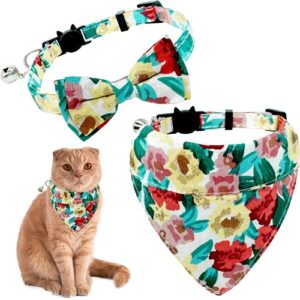 KUDES 2 Pack Breakaway Cat Collar with Removable Bow Tie and Bandana, Cute Floral Pattern Kitten Bowtie Collar Bandana Collar with Bells for Cats Puppy, Adjustable from 7.5-10.8 Inch (Colorful Flower)