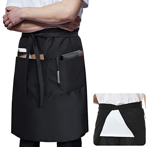 ROTANET Black Bistro Apron Long Server Apron with 3 Pockets Half Large Waist Apron for Work Cafe Uniform Waterproof