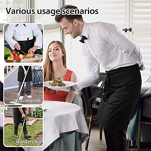 ROTANET Black Bistro Apron Long Server Apron with 3 Pockets Half Large Waist Apron for Work Cafe Uniform Waterproof