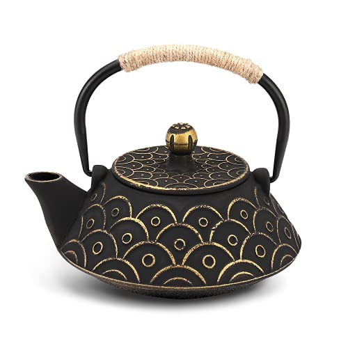 VUDECO 30oz Gold Black Japanese Cast Iron Teapot Kettle Set Loose Leaf Tea Pot For Loose Tea Cast Iron Kettle with Tea Infuser Japanese Tea Set Cast Iron Tea Kettle Japanese Tea Pot Wood Stove