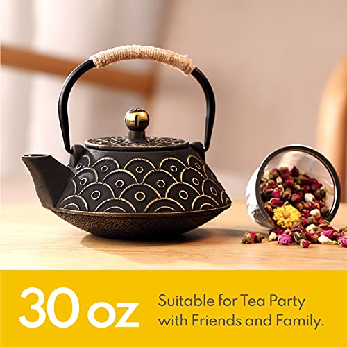 VUDECO 30oz Gold Black Japanese Cast Iron Teapot Kettle Set Loose Leaf Tea Pot For Loose Tea Cast Iron Kettle with Tea Infuser Japanese Tea Set Cast Iron Tea Kettle Japanese Tea Pot Wood Stove