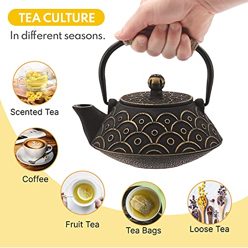 VUDECO 30oz Gold Black Japanese Cast Iron Teapot Kettle Set Loose Leaf Tea Pot For Loose Tea Cast Iron Kettle with Tea Infuser Japanese Tea Set Cast Iron Tea Kettle Japanese Tea Pot Wood Stove