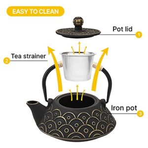 VUDECO 30oz Gold Black Japanese Cast Iron Teapot Kettle Set Loose Leaf Tea Pot For Loose Tea Cast Iron Kettle with Tea Infuser Japanese Tea Set Cast Iron Tea Kettle Japanese Tea Pot Wood Stove