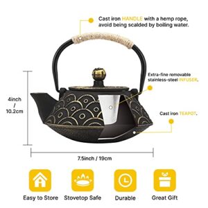 VUDECO 30oz Gold Black Japanese Cast Iron Teapot Kettle Set Loose Leaf Tea Pot For Loose Tea Cast Iron Kettle with Tea Infuser Japanese Tea Set Cast Iron Tea Kettle Japanese Tea Pot Wood Stove