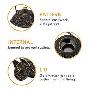 VUDECO 30oz Gold Black Japanese Cast Iron Teapot Kettle Set Loose Leaf Tea Pot For Loose Tea Cast Iron Kettle with Tea Infuser Japanese Tea Set Cast Iron Tea Kettle Japanese Tea Pot Wood Stove