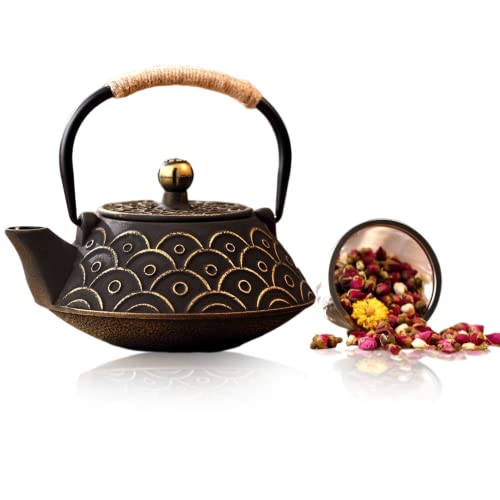 VUDECO 30oz Gold Black Japanese Cast Iron Teapot Kettle Set Loose Leaf Tea Pot For Loose Tea Cast Iron Kettle with Tea Infuser Japanese Tea Set Cast Iron Tea Kettle Japanese Tea Pot Wood Stove