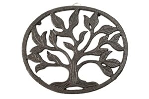 gasaré, trivet for hot dishes, pots and pans, metal trivet, tree roots oval design, cast iron, rubber feet caps, ring hanger, 8¼ x 7 inches, brown finish, 1 unit