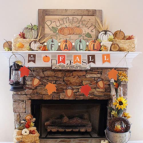 Hello Fall Decor for Home, hogardeck Premuim Imitation Linen Indoor Outdoor Fall Decorations, Pumpkin, Maple and Pinecone Banner Wall Decor, Mantel Fireplace Hanging Decor