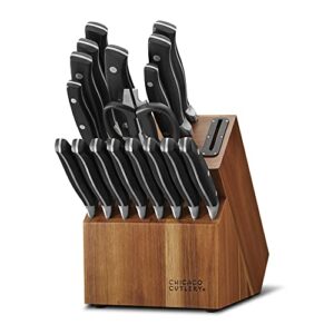 chicago cutlery insignia triple rivet poly (18-pc) kitchen knife block set with wooden block & built-in sharpener, black ergonomic handles and sharp stainless steel professional chef knife set