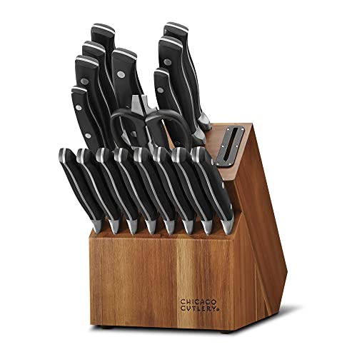 Chicago Cutlery Insignia Triple Rivet Poly (18-PC) Kitchen Knife Block Set With Wooden Block & Built-In Sharpener, Black Ergonomic Handles and Sharp Stainless Steel Professional Chef Knife Set