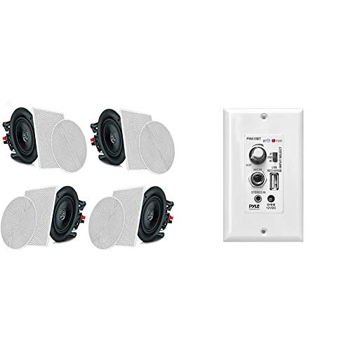 Pyle 6.5” 4 Bluetooth Flush Mount in-Wall in-Ceiling 2-Way Speaker System & Wireless BT Receiver Wall Mount - 100W in-Wall Audio Control Receiver w/Built-in Amplifier, USB/Microphone (3.5mm) Inputs