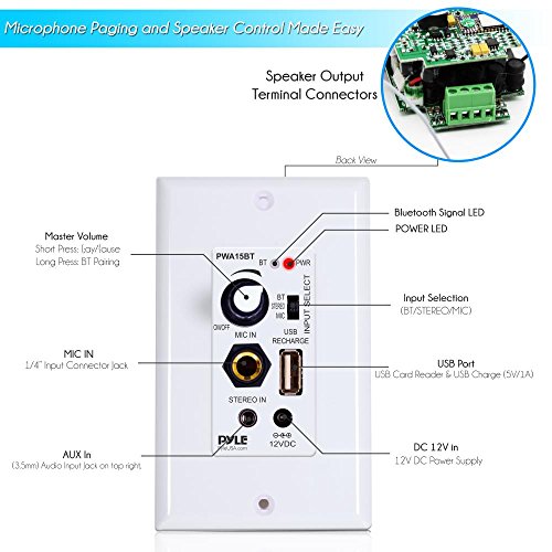 Pyle 6.5” 4 Bluetooth Flush Mount in-Wall in-Ceiling 2-Way Speaker System & Wireless BT Receiver Wall Mount - 100W in-Wall Audio Control Receiver w/Built-in Amplifier, USB/Microphone (3.5mm) Inputs